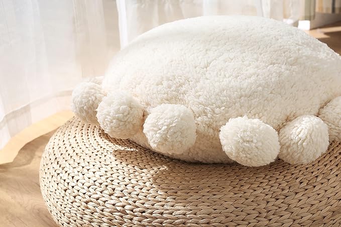 Boho Decorative Throw Pillows Round Floor Cushion with Poms,Cute Floor Seating Plush Pillow for Kids Reading Nook,Home Decor for Chair Sofa Bed Put in Living Room Indoor Outdoor