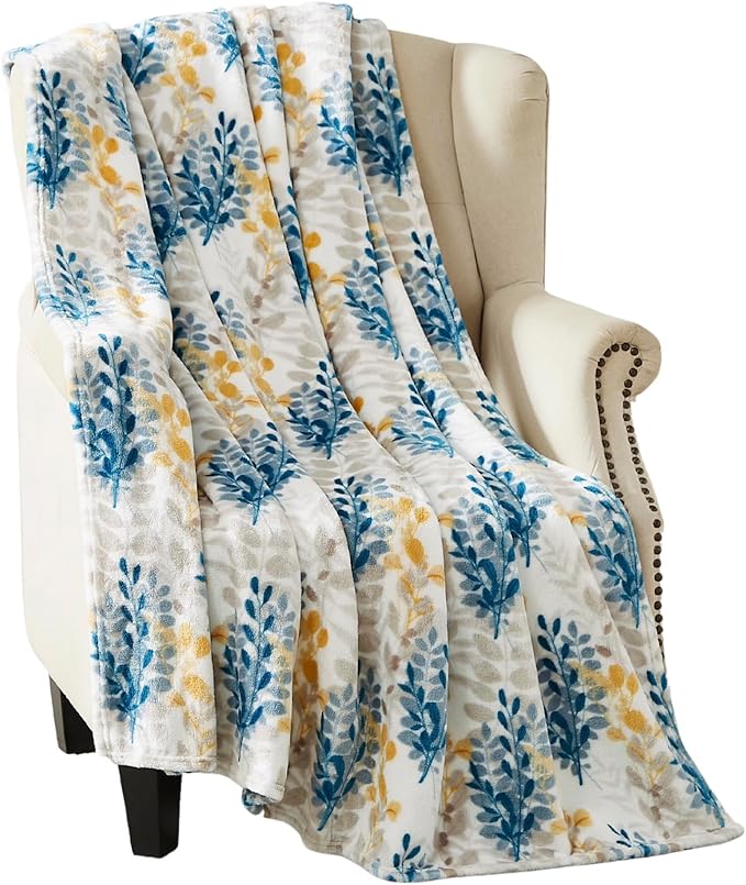 Floral Fleece Throw Blanket: Botanical Velvety Soft, Durable Accent for Bed or Couch Teal and Yellow Leaves, 50 x 70 inches