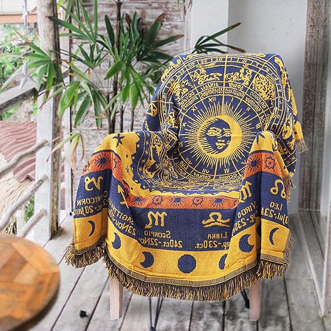 Boho Throw Blankets Woven Reversible Cotton Bohemian Tapestry Hippie Room Decor Witchy Astrology Zodiac Celestial Constellation Carpet Bed Recliner Chair Couch Sofa Cover Double Sided 70"x90"