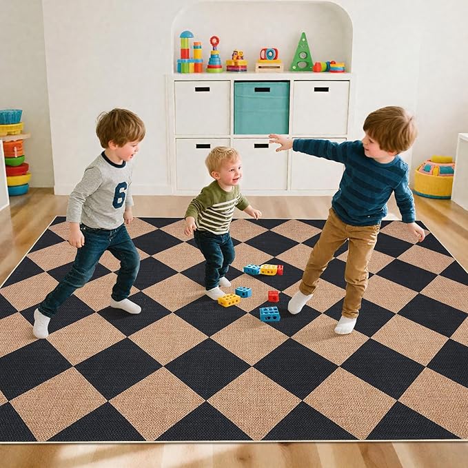 GarveeHome Checkered Easy Jute 5x7 Area Rugs for Living Room Machine Washable Non-Slip Backing Stain Resistant Modern Indoor Outdoor Rugs for Farmhouse Dining Room Patio Black Tan