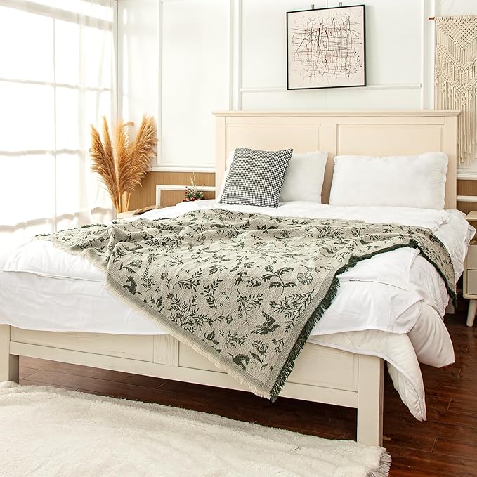 LALIFIT Boho Chic Decorative Throw Blanket Vintage Woodland Floral Bird Design with Tassels Soft Cotton Lightweight & Cozy for Home, Couch, Sofa, Farmhouse 50x60 Inches (Sage Green)