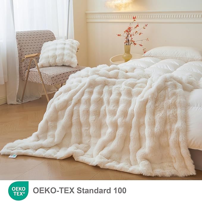LIFEREVO Luxury Fluffy Faux Rabbit Fur Throw, Plush Fuzzy Bubble Blanket for Couch Sofa, Soft Cute Furry Bed Blanket Home Decoration, Shaggy Ivory Throw for Bedroom Living Room Office, 50x60, Beige