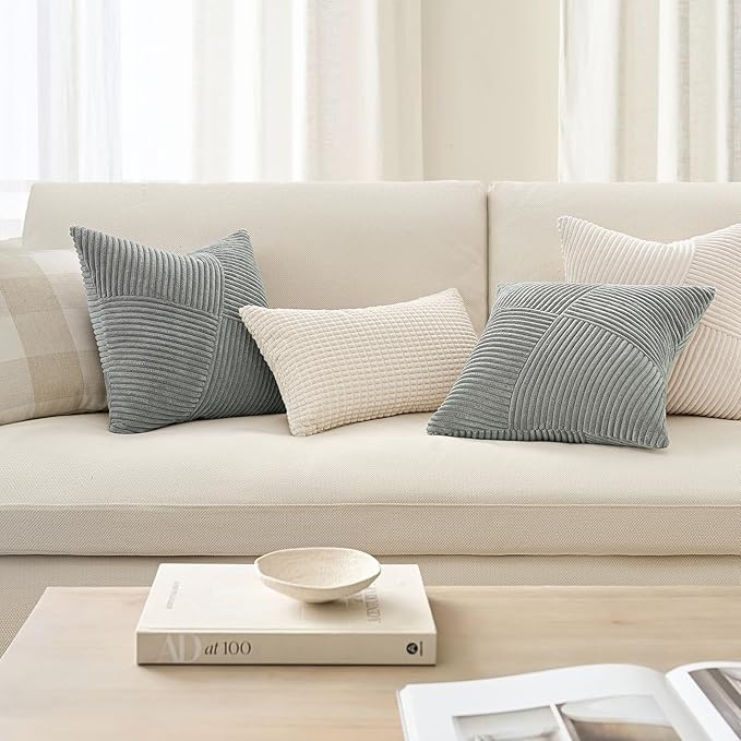 Topfinel 16x16 inches Euro Pillow Shams Set of 2 Soft Corduroy Decorative Throw Pillow Covers for Bedroom Living Room Boho Textured Striped Patchwork Couch Pillow Covers 40x40cm LightGrey