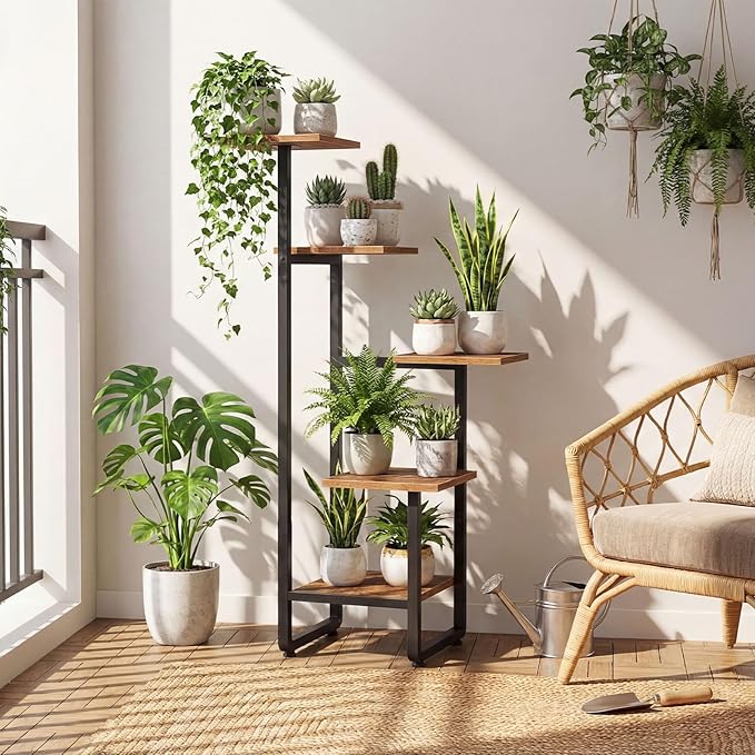 HOOBRO Plant Stand Indoor, 5 Tiered Corner Plant Shelf Flower Stand for Multiple Indoor Plants, Square Plant Flower Display Shelf for Living Room, Balcony, Patio, Rustic Brown and Black BF06HJ01