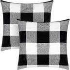 Syntus Set of 2 Buffalo Check Throw Pillow Covers Farmhouse Outdoor Plaid Square Pillow Cushion Case Black and White Polyester Linen for Christmas Thanksgiving Decor Car Bed Sofa, 18 x 18 inches