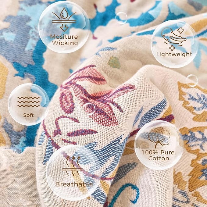 Boho Throw Blanket for Bed Cotton Spring Blankets Twin Size for Bedroom Living Room All Season Lightweight Floral Embroidery Decorative Breathable Quilt for Couch Sofa Chair 60"x80"