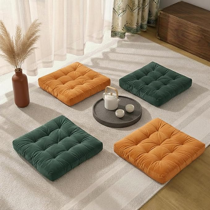 Meditation Floor Pillow Set of 2, Large Velvet Floor Pillows for Sitting, Tufted Floor Seating Cushions for Adults, Big Pillows for Yoga & Living Room, 22x22 Inch, Orange
