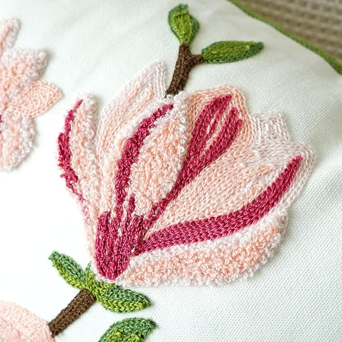 vctops Farmhouse Magnolia Flower Cotton Tufted Throw Pillow Cover Spring Floral Embroidery Pillowcase Soft Square Cushion Case for Sofa Couch Bed Chair (Pink E,18"x18")
