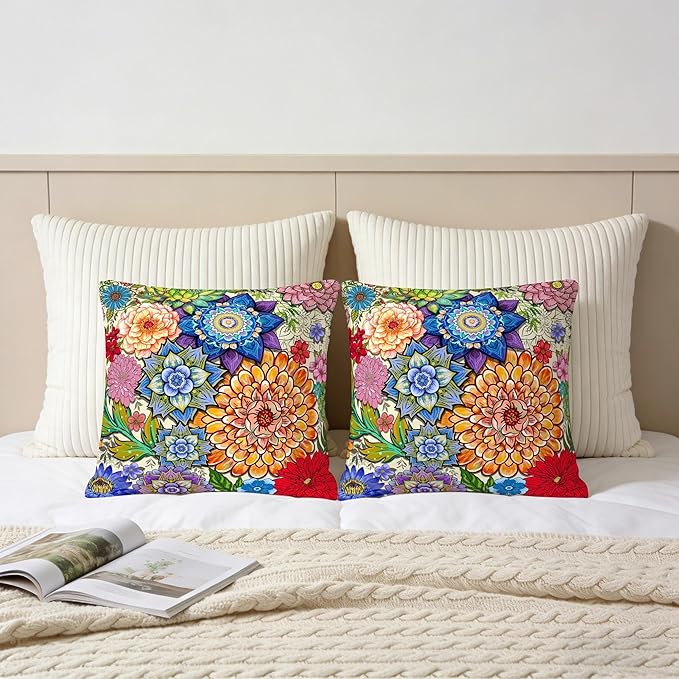 Colorful Boho Mandala Floral Throw Pillow Covers 18x18 Set of 2, Spring Easter Bohemian Decorative Pillowcases, Multicolor Flower Cushion Covers for Couch Sofa Bedroom Living Room Farmhouse Home Decor