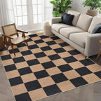 GarveeHome Easy Jute Area Rugs 6x9 for Living Room Non-Slip Backing Checkered Rugs Machine Washable Modern Indoor Outdoor Carpets for Dining Room Nursery Patio Bedroom Backyard Camping Black Tan