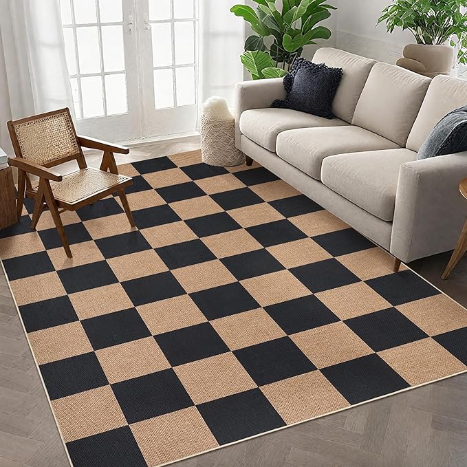 GarveeHome Easy Jute Area Rugs 6x9 for Living Room Non-Slip Backing Checkered Rugs Machine Washable Modern Indoor Outdoor Carpets for Dining Room Nursery Patio Bedroom Backyard Camping Black Tan