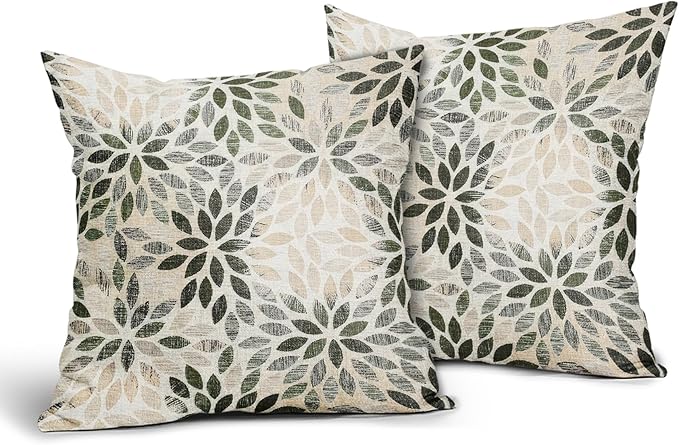 Olive Green Dahlia Throw Pillow Covers 22x22 Inch Rustic Geometric Flower Decorative Square Pillow Cases Beige Tan Gray Floral Cushion Covers Farmhouse Home Decor For Sofa Couch Outdoor Set of 2