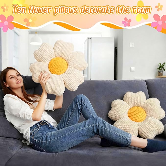 10 Pcs Cute Flower Pillow 15.75 Inch Flower Plush Throw Pillow Aesthetic Decorative Seating Cushion for Spring Back to School First Day of School Sofa Couch Decor (Monochrome,Light White)