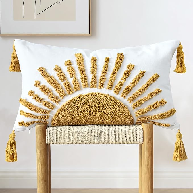 Boho Throw Pillow Covers 12x20 Inch Sun Tufted Lumbar Pillow Covers with Tassels, Bohemian Farmhouse Decorative Cushion Cover for Couch Sofa Bedroom Living Room Home Decor (Yellow-Thin)