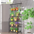 GIOTORENT Plant Stand Indoor Outdoor, 4-Tier Heavy Duty Metal Shelves, Display up to 17 Multiple Plants, Tall Plant Holder with Plant Hanger, Suit for Patio Living Room Garden Balcony, 5 Hooks, Black