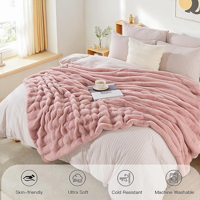 NEXHOME PRO Faux Fur Throw Blanket Pink, Luxury Soft Decorative Cozy Plush Long Shaggy Fluffy Blanket for Sofa Couch Bed Living Room, Reversible Puffy Thick Warm Blanket for Winter, 50"X60"