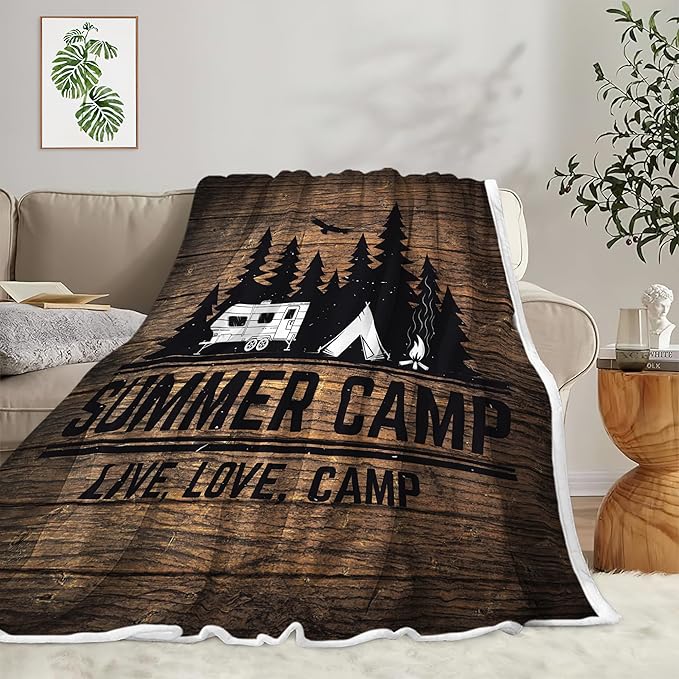 Brown Camping Throw Blankets, Retro Wood Camping Throw Blankets, Soft, Flannel, Warm, Rustic Wooden Board Fleece Bed Blanket Decor, Farmhouse Plush Blanket for Couch Sofa 50X60 Inch