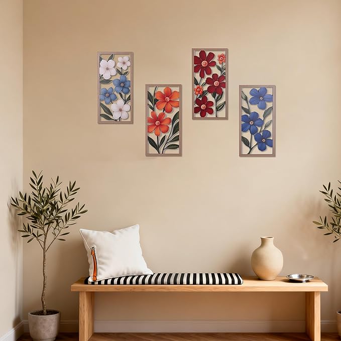 suruim Boho Wall Art Set of 4, Abstract Geometric Wooden Wall Decor, Mid-Century Modern Aesthetic Artwork with Arch, Vase & Botanical Design for Modern Home Decor for Bedroom, Office & Living Room(G)