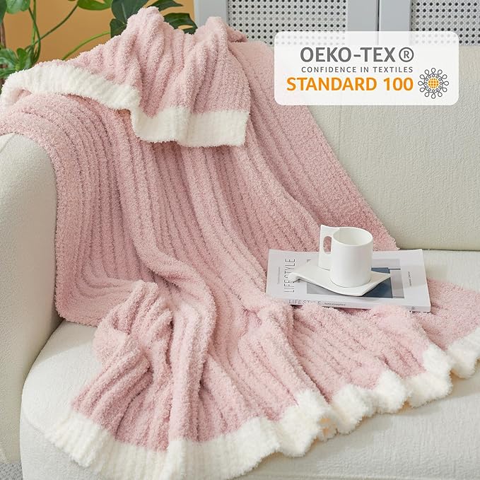 Snuggle Sac Spring Pink Throw Blanket for Couch, Soft Cozy Ribbed Fluffy Blankets for Women, Warm Microfiber Knit Cute Throws for Girls Daughter Women Gifts for Mom, Pink, 50x60 inches