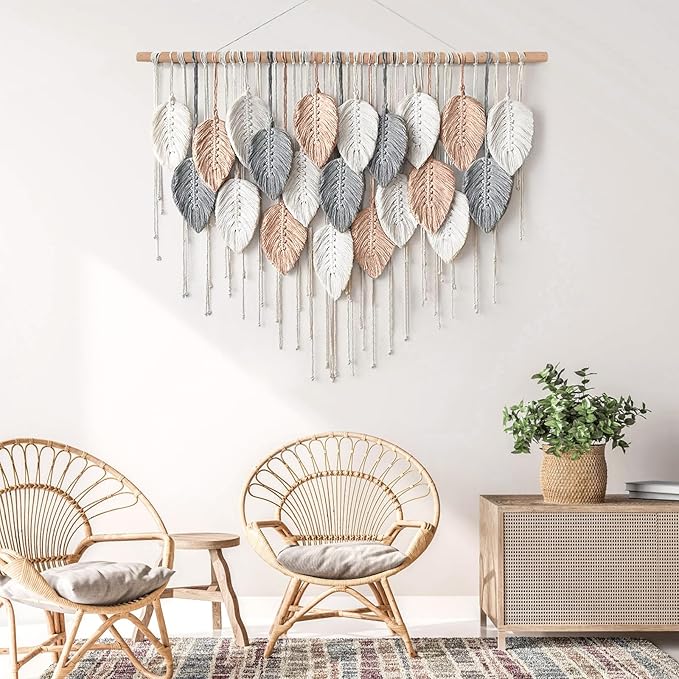 Alynsehom Large Macrame Wall Hanging, Boho Woven Tapestry, Chic Modern Bohemian Handmade Leaf Feather Wall Art Home Decor for Apartment Dorm Living Room Bedroom Nursery Backdrop (39" W X 29.5" L)
