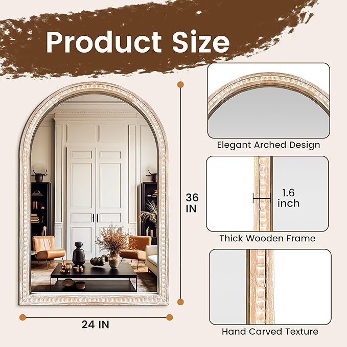 Arched Vanity Wall Mirror 36 x 24 Inch Beaded Wood Frame Boho Farmhouse Decorative Mirror for Bathroom Bedroom Entryway Living Room