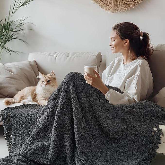 Throw Blanket for Couch, Dark Grey Luxury Knitted Throws 50"x60", Textured Blankets with Handmade Fringe Tassels for Bed Sofa Decorative, Chunky Soft Farmhouse Boho Home Decor