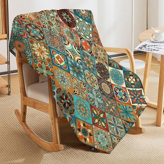 Boho Floral Throw Blanket Mandala Colorful Bohemian Flowers Art Pattern Blanket for Sofa Bed Couch Chair Or Dorm 50"x60"