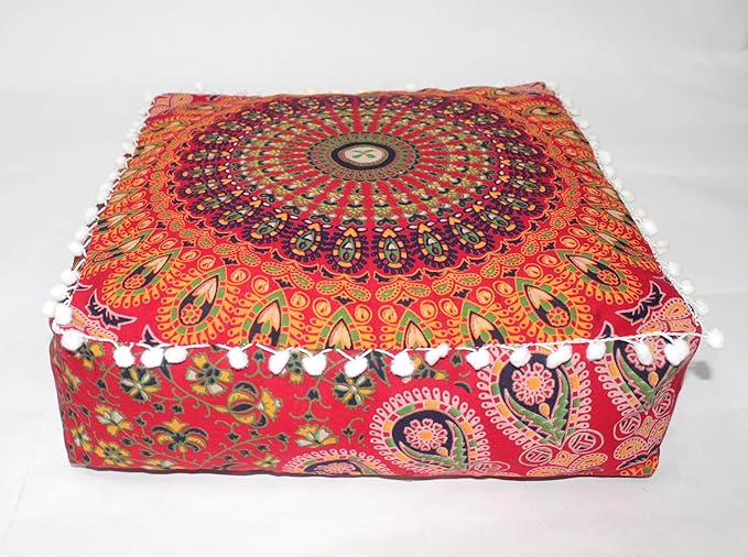 CRAFT KALA Red Peacock Large Hippie Mandala Meditation Floor Ottoman Pillow Cushion Pouf Cover Square Poufs Bohemian Circle Floor Cushion Case Outdoor Fireplace Yoga Living Room Decor Cover 24" Square