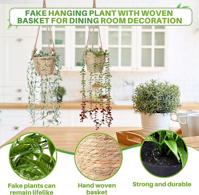 Giegxin Spring Mini Hanging Artificial Plant with Woven Basket Boho Fake Plants Ivy Faux Vines Eucalyptus Leaf for Indoor Home Wall Shelf Decor(3 Set,Green,Hanging Plant Basket)