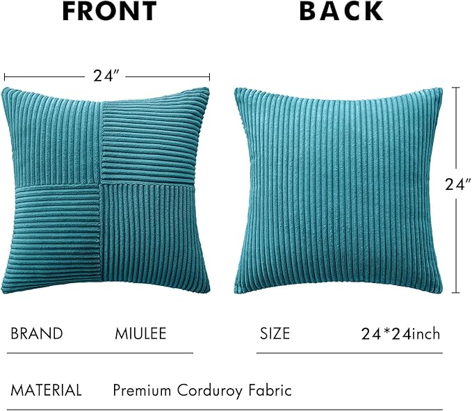 MIULEE Teal Decorative Euro Sham Pillow Covers 24x24 Inch for Bed Couch Sofa Pack of 2 Boho Farmhouse Throw Pillows Soft Cross Corduroy Patchwork Textured Cushion Cases