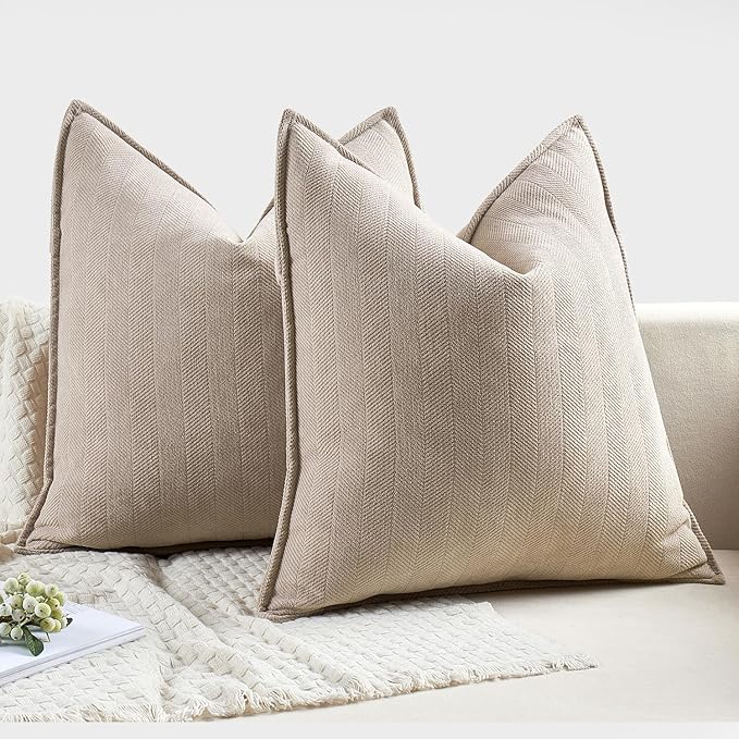 MIULEE Pack of 2 Beige Decorative Pillow Covers 26x26 Inch Soft Chenille Luxurious Couch Throw Pillows Farmhouse Cushion Covers Euro Shams with Elegant Design for Sofa Bed Living Room Spring Decor