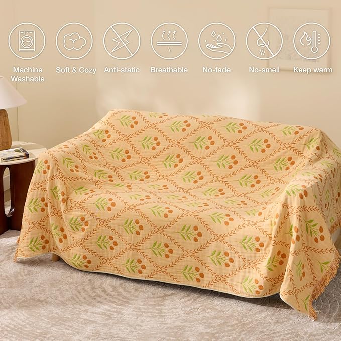 100% Cotton Boho Throw Blanket for Home Decor – Classic Farmhouse Quilt Bedding, Muslin Blankets for Adults, Vintage Woven Decorative Blanket for Couch, Bed Layering Use, Vintage Floral, 50"x60"