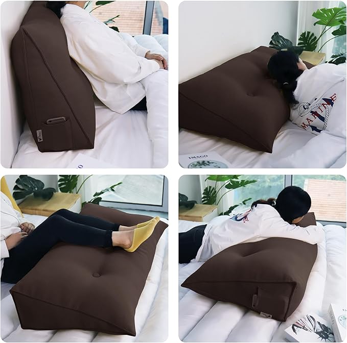 WOWMAX 80% Cotton & 20% Linen Blend Headboard Pillow – Queen Size Reading Wedge Backrest for Bed, Handmade Firm Support Bolster Cushion with Removable Cover, Premium Bed Rest Pillow, Brown