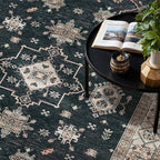 Area Rugs for Living Room Bedroom, Washable Rug, Black Vintage Floral Boho Rug, Non Slip & Low Pile Faux Wool Accent Carpet for Indoor Dining Room, Kids Room and Office(Black 4x6ft)