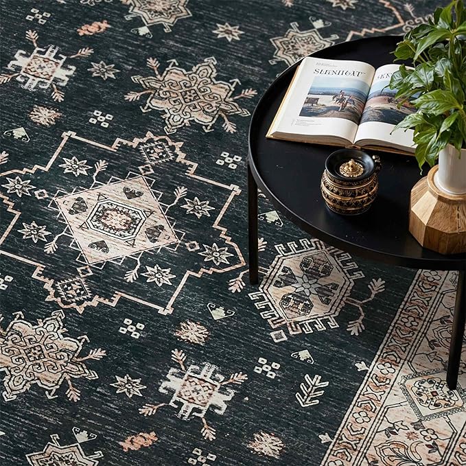 Area Rugs for Living Room Bedroom, Washable Rug, Black Vintage Floral Boho Rug, Non Slip & Low Pile Faux Wool Accent Carpet for Indoor Dining Room, Kids Room and Office(Black 4x6ft)