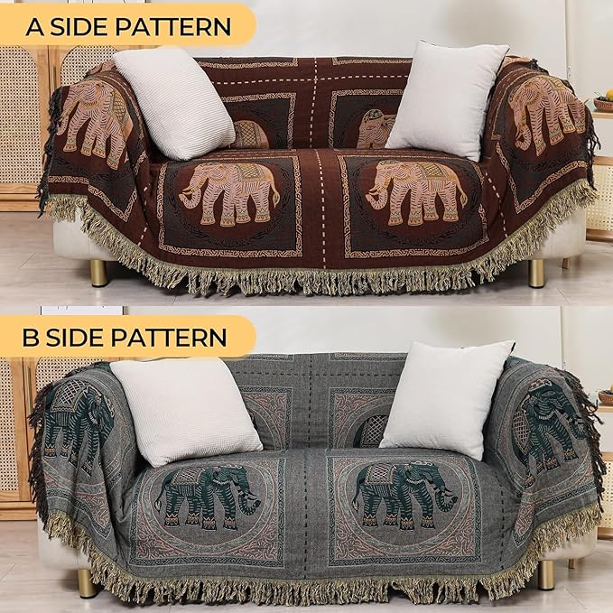 Boho Throw Blanket for Bed with Tassels,100% Cotton Ultra Soft and Cozy Large Blanket Elephant Printed Farmhouse Decor Bed Blankets,90"×98" All Season Rustic Throw for Sofa Couch Chair-Brown
