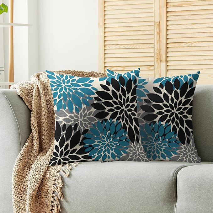 Black Turquoise Blue Pillow Covers 20X20 Inch Set of 2, Spring Summer Floral Dahlia Flower Cream Decorative Throw Pillow Covers Outdoor Modern Farmhouse Cushion Case for Home Couch Sofa Bed Decor