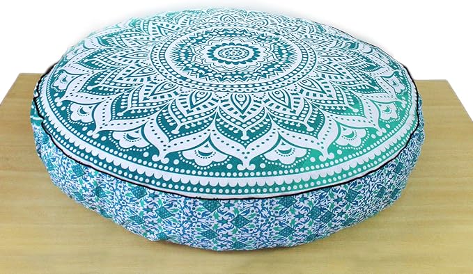 CRAFT KALA Mandala Floor Pillow Cushion Cover Seating Throw Cover Hippie Decorative Bohemian Ottoman Poufs Pom Pom Pillow Cases Boho Indian Cotton Living Room Yoga Home Décor (35" Round, Green Ombre)
