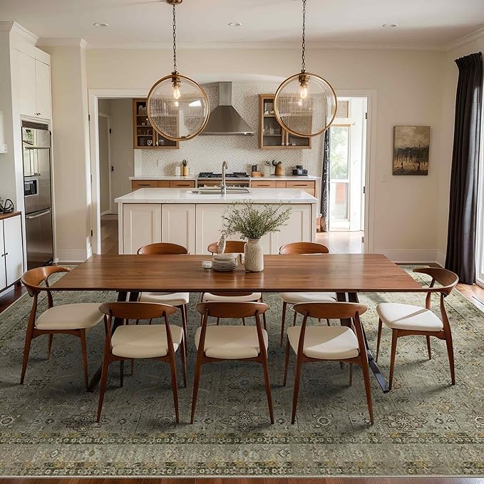 9x12 Area Rugs for Living Room Bedroom, Large Washable Rug, Vintage Floral Boho Rug, Non Slip & Low Pile Faux Wool Thin Carpet for Indoor Dining Room and Kids Room(Olive Brown 9x12ft)