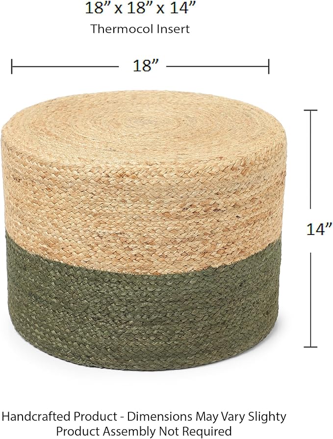 REDEARTH · Cylindrical Pouf Foot Stool Ottoman - Jute Braided Pouffe Poof Accent Sitting Footrest for Living Room, Bedroom, Nursery, Patio, Lounge & Other Rooms (Natural Olive, 18"X18"X14")