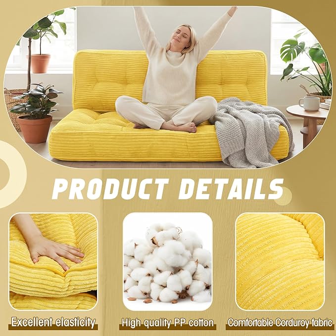63 Inch Folding Bench Cushion, 4 Inch Thick 2-in-1 Convertible Long Floor Lounger Boneless Cushions Couch Mattress Upholstered for Yoga, Reading, Sleeping, Meditation Living Room(Yellow)