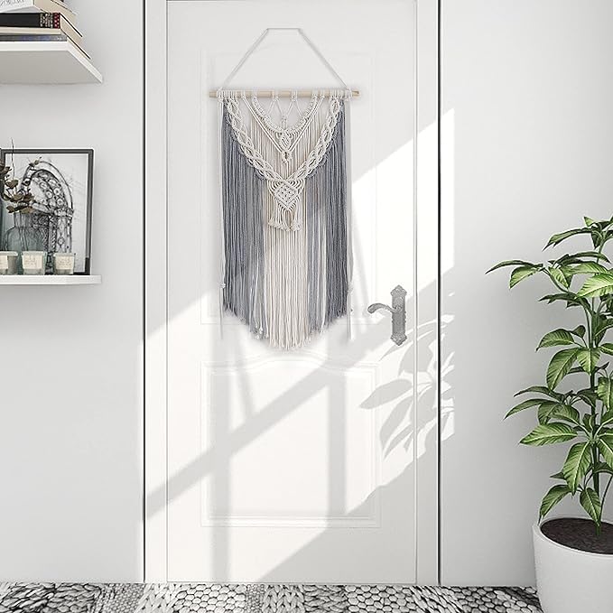 Macrame Wall Hanging Shelf Grey Floating Shelves Rope Shelf for Hanging Plants Grey Boho Decor for Bedroom Living Room,1 Tier