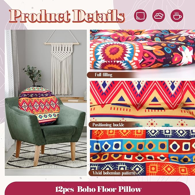 Nuogo 12 Pcs Bohemian Floor Cushions Bulk 15 Inch Boho Floor Sitting Meditation Pillows Yoga Mandala Meditation Pouf for Living Room Balcony Office Tatami(Round)
