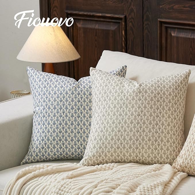 Floral Pillow Covers 20x20 Pillow Cover Block Print Couch Pillows for Living Room Decorative Neutral Accent Throw Pillow Covers, 1PC, Aqua Blue