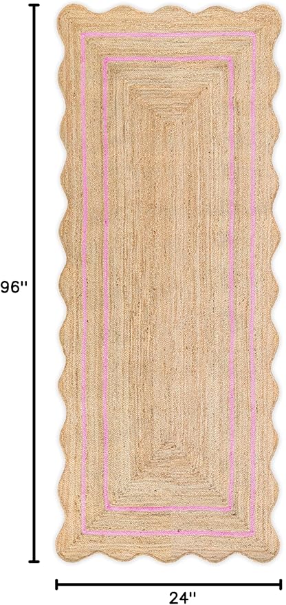 Wave Scalloped Natural Jute Rug - Boho Entryway Runner, Farmhouse Scallop, Light Pink (2'x8')