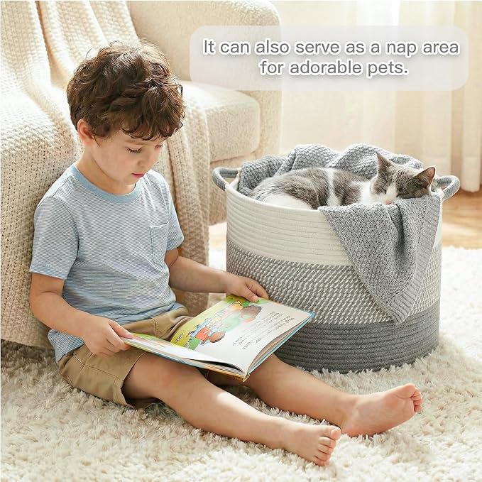 70L Large Cotton Rope Basket, Decorative Woven Blanket Storage for Living Room, Boho Toy Storage & Toy Box for Kids, Versatile Laundry Basket & Nursery Hamper for Blankets(Grey)