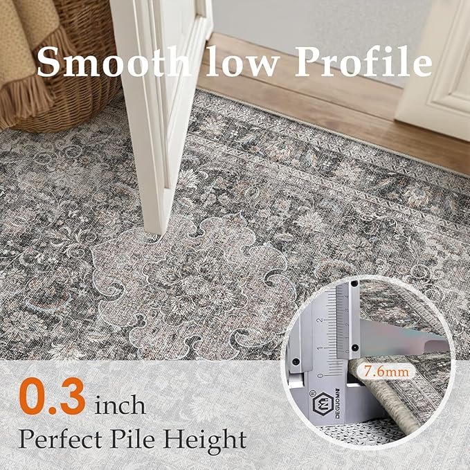 9x12 Vintage Area Rug Black Grey Living Room Bedroom Washable Carpet Non-Slip Soft Low Pile Distressed Indoor Large Throw Rug for Dining Room Office