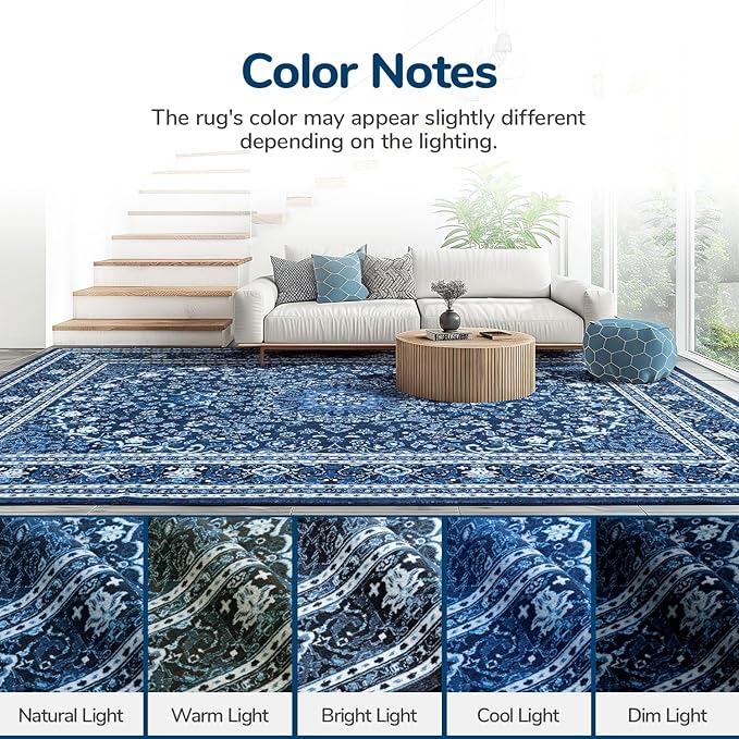 Lessymo Washable 8FT Round Area Rugs for Living Room, Non Slip Circle Rugs Low Pile Vintage Carpet for Bedroom, Dining Room, Nursery, Home Office, Blue White