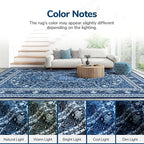 Lessymo Washable 8FT Round Area Rugs for Living Room, Non Slip Circle Rugs Low Pile Vintage Carpet for Bedroom, Dining Room, Nursery, Home Office, Blue White