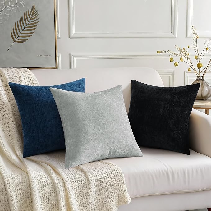 decorUhome Chenille Grey Spring Euro Sham Throw Pillow Covers 26x26 Inch Set of 2, Decorative Soft Couch Pillow Covers Solid Dyed Accent Farmhouse Neutral Square Pillow Cases for Sofa